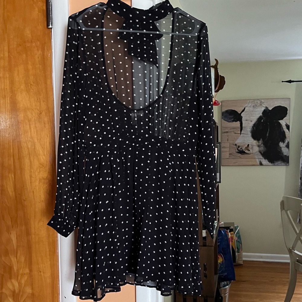 High neck, polka dot dress